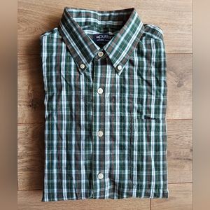 Green and brown plaid button down